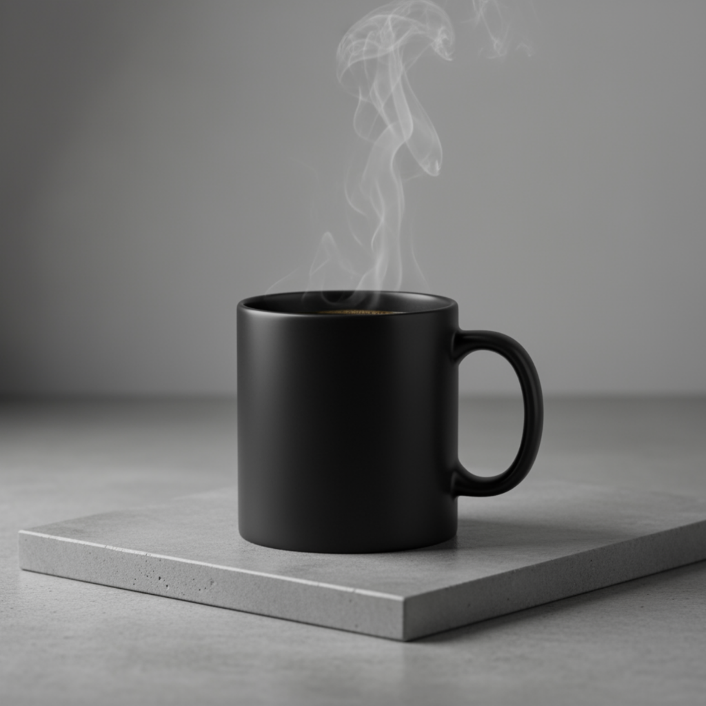 Una fotografía de producto en alta resolución, con iluminación de estudio, de una taza de café de cerámica minimalista